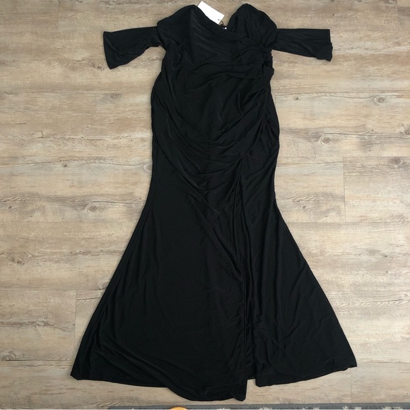 ENTITLED BLACK BARDOT WRAP MAXI DRESS WITH SIDE SPLIT- 16 - Picture 2 of 7